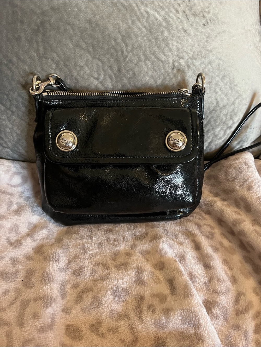 Coach Black Patent Leather Mini Crossbody with Silver Accents